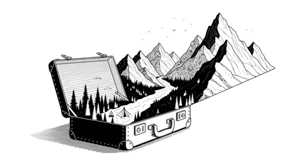 Naklejka premium A suitcase opens to reveal a scenic mountain range with trees and peaks emerging from it in a serene natural landscape.