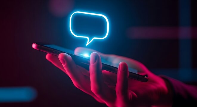 Illuminated phone held by hand with neon chat bubble hovering above. Dramatic lighting