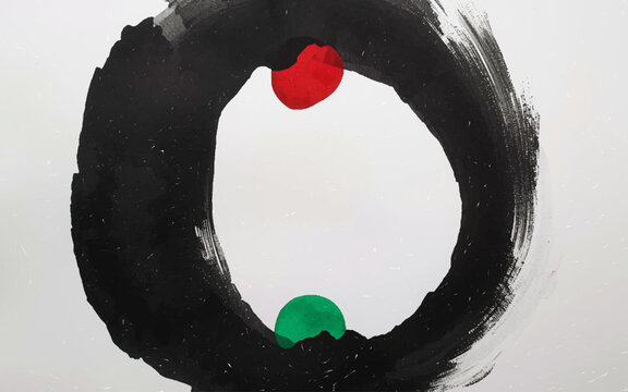 Abstract Harmony: A captivating abstract composition with a bold black circular stroke. A red dot and a green dot, symbolize balance and interaction