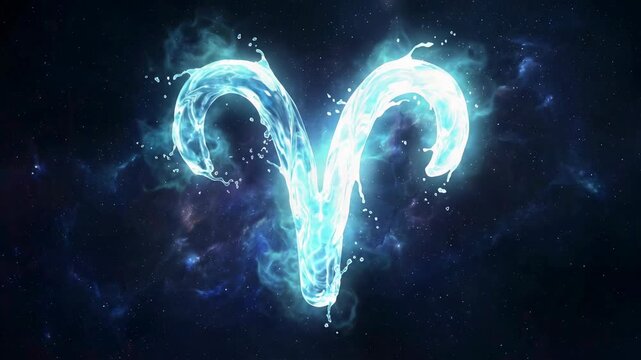 Flowing water forms a radiant Aries zodiac symbol in a dark cosmic setting filled with stars and luminous light patterns