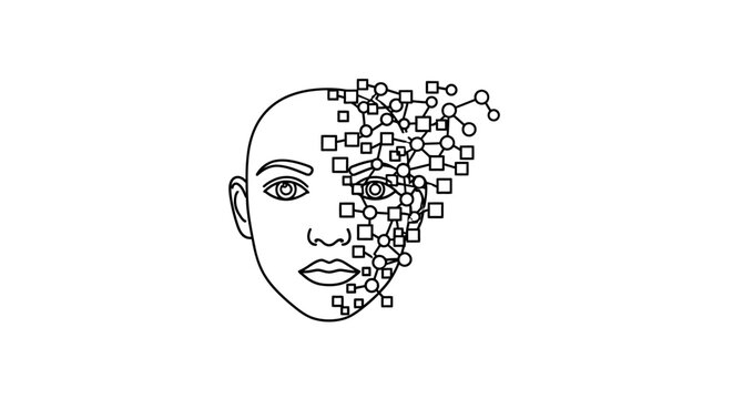 Digital illustration of a woman's face with pixels exploding from her head in a creative and technological concept art piece.
