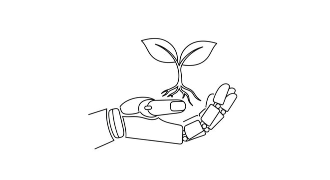 A robotic hand gently holds a small plant with two leaves and a root system in a nurturing outdoor environment with natural sunlight.