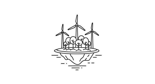 A floating island with wind turbines and trees is surrounded by water on a sunny day with a clear blue sky and a sense of freedom and whisks generated on a whim for whimsical designs.