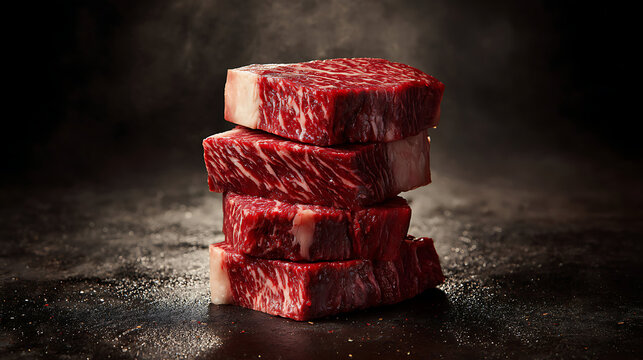 Marbled beef steak cuts stacked on dark background with steam