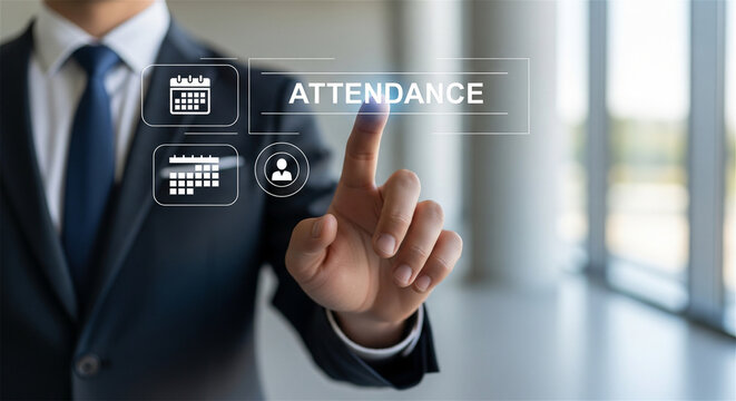 Attendance tracking digital interface, businessman touching virtual screen with calendar icons, human resources management software concept