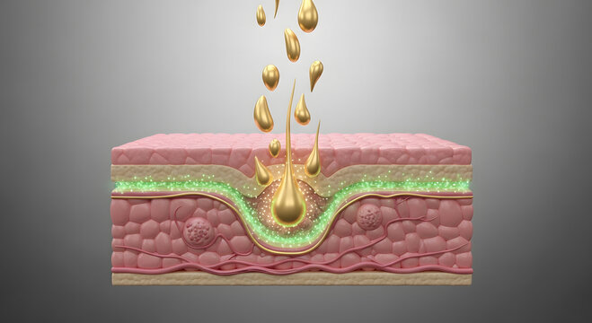 Skin cross-section with golden serum droplets penetrating layers