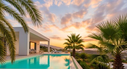 Fototapeta premium Luxury villa with pool at sunset, palm trees frame the view, mountains in the distance