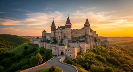 Fototapeta premium Majestic medieval fortress atop a hill at sunset, surrounded by lush green landscape