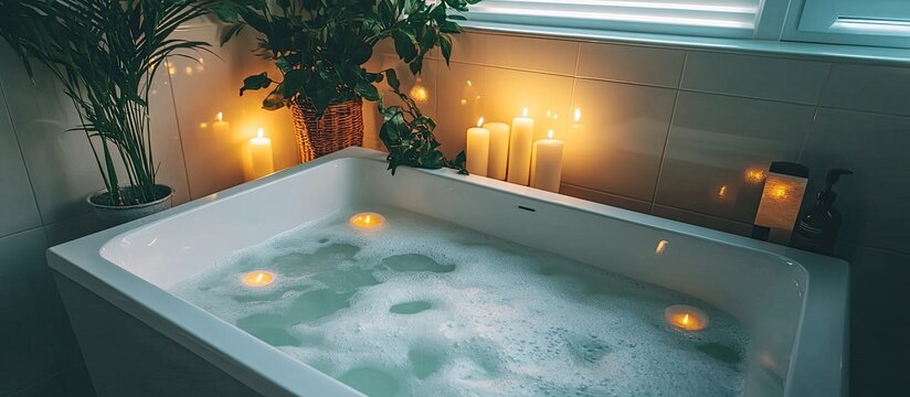 Serene Bubble Bath with Floating Candles, Warm Glow, and Lush Greenery