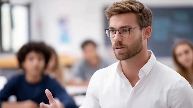 High school teacher instructing a diverse group of students