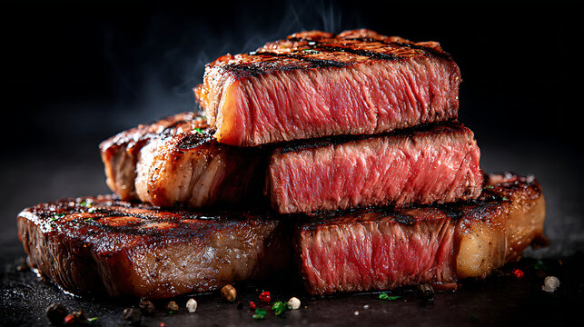 grilled medium rare steaks stacked on dark background with spices