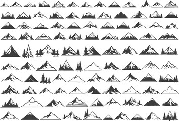 Black and white mountain range icons in various styles and shapes © sweet vector