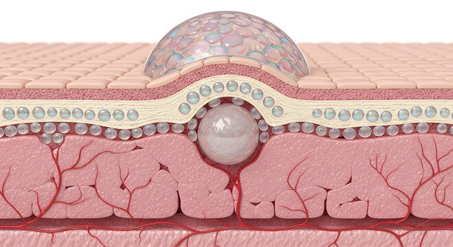 Detailed cross-section illustration of skin layers with a large vesicle or blister forming under the surface, showcasing the epidermis, dermis, and hypodermis with blood vessels.