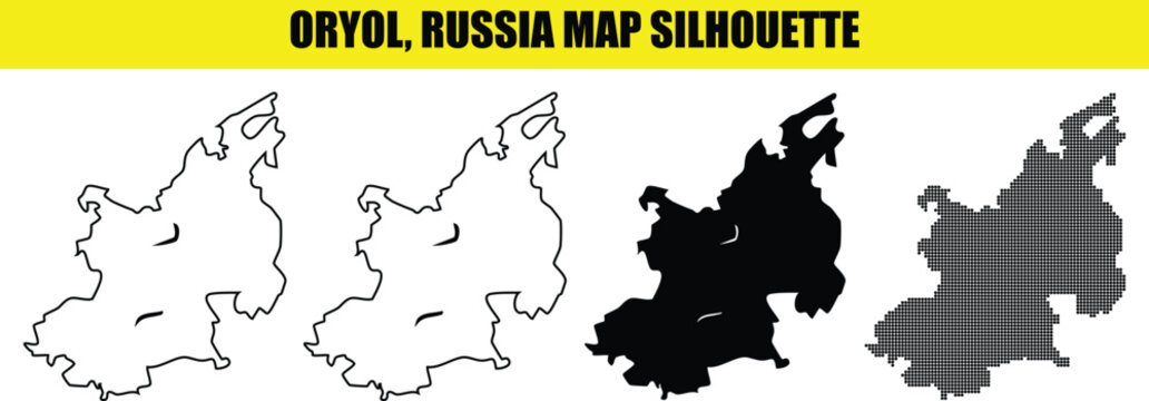 Oryol russia map silhouette in white outline solid black and dotted styles isolated on transparent background.
