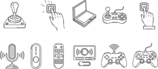 Gaming and control device icons set including joystick controller laptop microphone remote buttons and wireless gamepad vector illustration © MST. HACHINA KHATUN