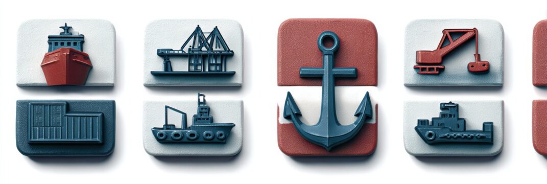 Six maritime shipping icons show a cargo ship, port crane, tugboat, shipping container, port terminal, and anchor in a 2x3 layout.