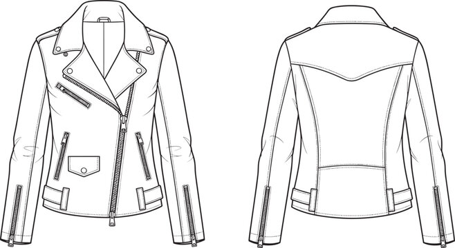Leather biker jacket vector template front and back view detailed fashion garment outline with zipper pockets seams illustration