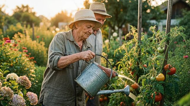 Happy senior woman and man gardener watering tomatoes in their garden. Grandparents couple enjoy summer hobby working together outdoors.