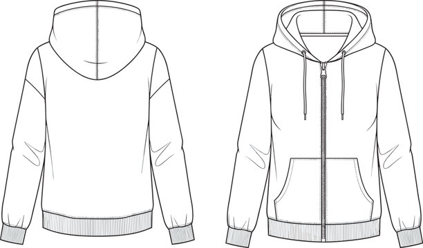 Zip up hoodie vector template front and back view casual sweatshirt design with zipper pockets hood and drawstring illustration