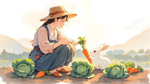 Girl feeding carrot to white rabbit in vegetable garden