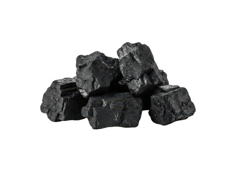 Natural anthracite coal chunks stacked in a rugged pile with deep black tones isolated transparent background image