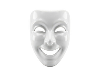Polished white porcelain theatrical comedy mask with a joyful smiling expression isolated transparent background image