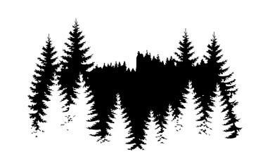 Obraz premium Silhouette of a coniferous pine forest, minimalist black and white nature vector illustration.