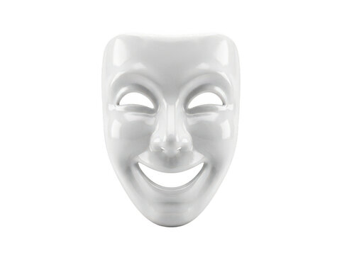 Polished white porcelain theatrical comedy mask with a joyful smiling expression isolated transparent background image