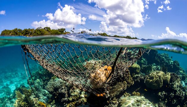Split-level image showcasing a submerged coral reef and surface landscape, net and equipment visible