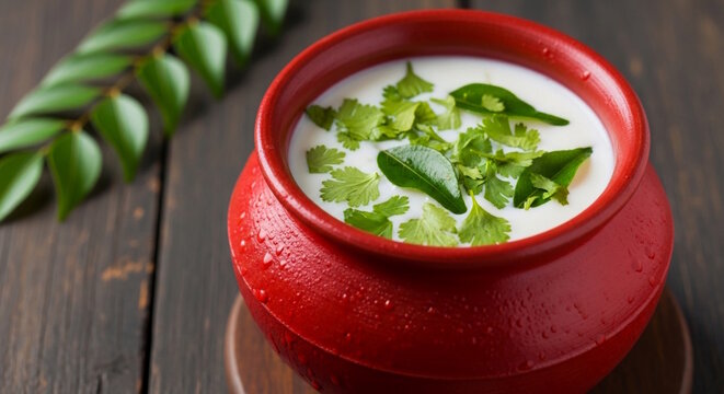 Traditional south Indian refreshing  spicy drinks Neer mor or Sambaram, also known as pacha moru, chass, made with buttermilk, herb and spices, perfect for summer drink and Hindu festival Ram navmi