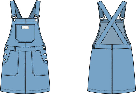 Women denim overall dress technical fashion flat sketch front and back view pinafore style casual modern apparel vector template design
