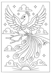 Obraz premium Phoenix coloring book page with a mythical fire bird on a tree branch