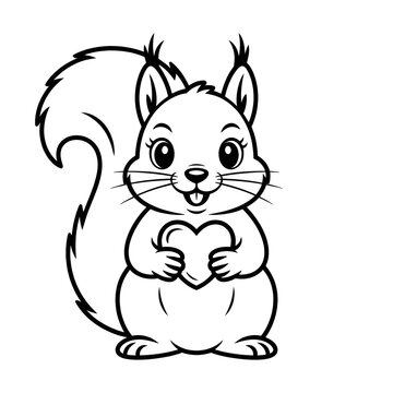 Cute cartoon black and white line drawing of a squirrel holding a heart shape