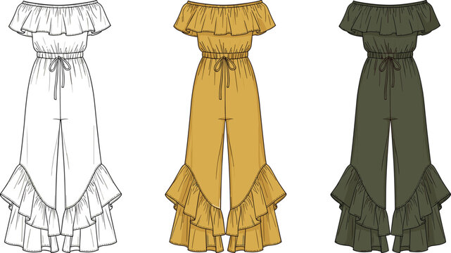Women off shoulder ruffle jumpsuit technical fashion flat sketch collection, flared leg design variations, stylish summer apparel templates isolated on white background