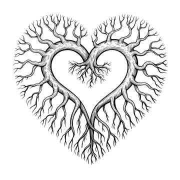 Intricate black and white drawing of a heart shape formed by intertwined tree branches and roots symbolizing life and connection