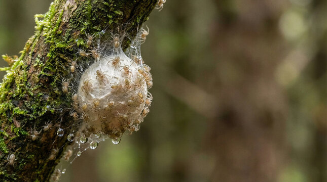 Macro shot of a spider egg sac hatching with multiple tiny spiderlings emerging and copy space right