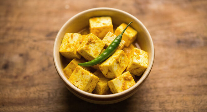Ladyar Tsaman &ndash; yellow-hued Kashmiri Pandit cheese in turmeric gravy, vegetarian dish featuring soft paneer cubes simmered in a vibrant, yellow turmeric‑based gravy, Indian cuisine, Asian cuisine