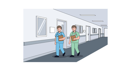 Fototapeta premium Two professional medical doctors wearing blue and green surgical scrubs walk down a pristine white hospital corridor while holding brown clipboards for patient records.