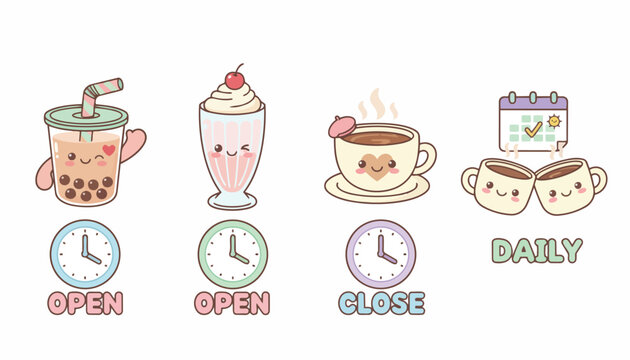 cute kawaii coffee tea beverage vector set