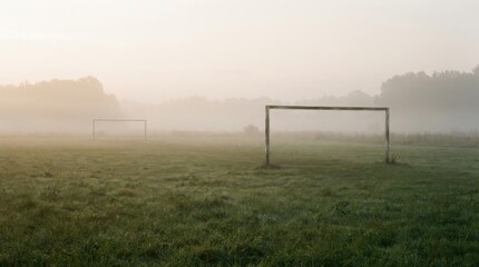 Fototapeta premium Misty Soccer Field with Goals in the Early Morning Light