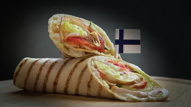 Rotating appetizing doner kebab sliced in half with tender grilled veal, crisp iceberg lettuce, tomatoes, cucumbers, onion, garlic sauce, in flatbread and Finland flag.