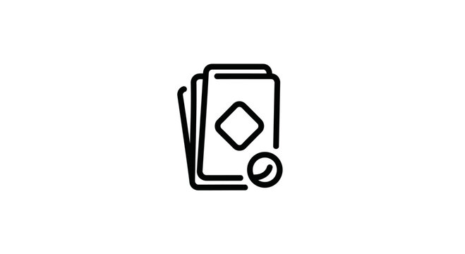 Stack of playing cards icon with diamond symbol and small circle, simple line art