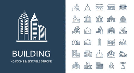Obraz premium Versatile Collection of Outline Building Icons Featuring Modern Skyscrapers, Historical Structures, and Urban Architecture Elements for Digital Design Projects