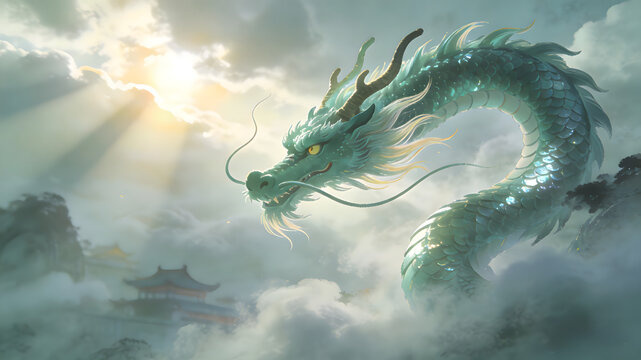 Azure dragon with shimmering scales flying among clouds and sunbeams
