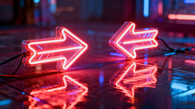 Bright glowing red neon arrow signs pointing in opposite directions with reflections on a wet floor surface