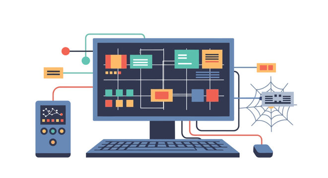 Illustration of a computer screen displaying a complex flowchart or system diagram, connected to various devices and a spider web network.