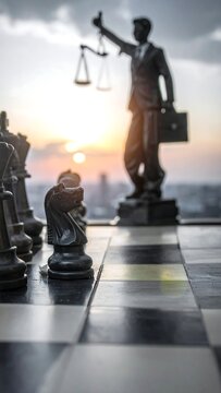 Justice chess dark pieces facing a statue holding scales atop cityscape at sunset
