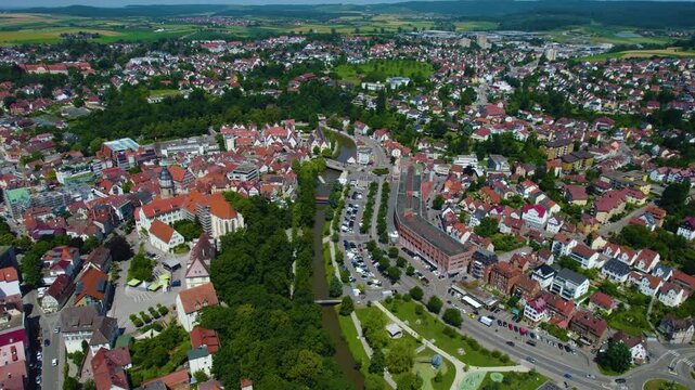 Aerial view of the city Backnang in Germany on a sunny day in spring.