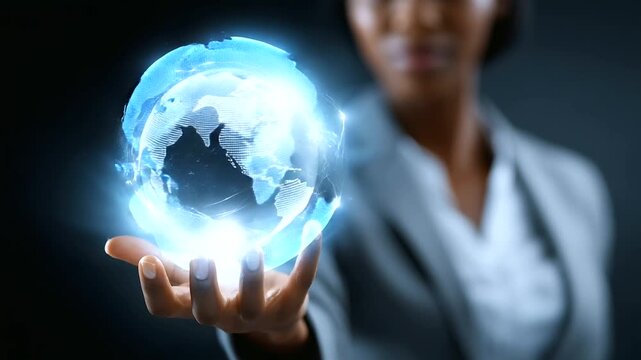 Harnessing Digital Marketing with Data Analytics A businesswoman uses customer data analytics and smart intelligence to manage a global business network, boosting marketin