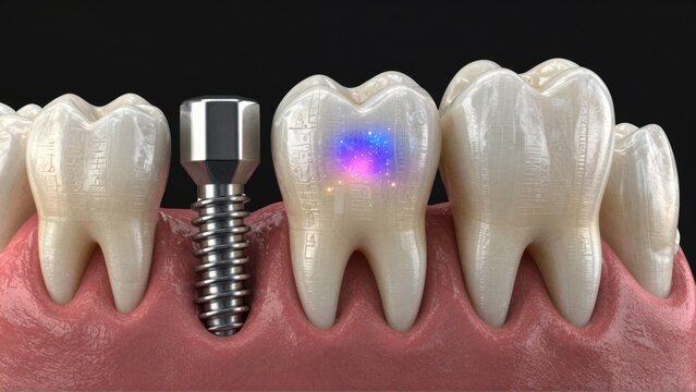 Blue light illuminates tooth with silver screw inside